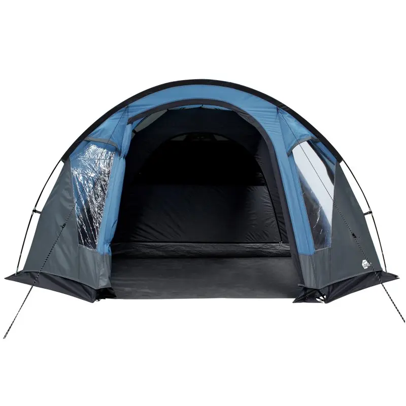 Tente dôme your GEAR Tivano 5 personnes en bleu et gris, avec grand auvent, entrée latérale, fenêtres transparentes et hauteur debout, idéale pour le camping en famille, sol séparé, imperméabilité 5000 mm.