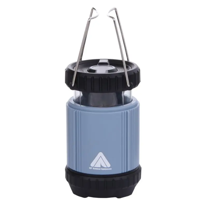 Blue 10T COL 300 collapsible camping lantern with 300 lumens COB LED, black top and bottom, foldable metal handle, and 10T Outdoor Equipment logo on the body. Compact, round, and water-resistant design.