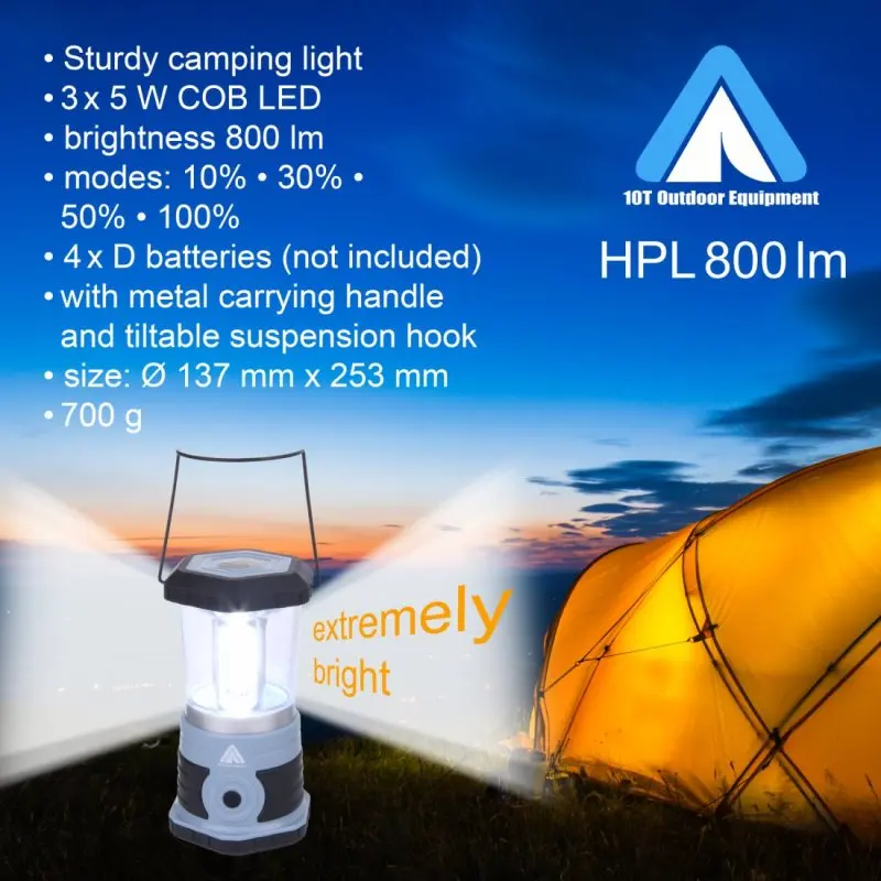 Bright blue 10T HPL 800 camping lantern with 800 lumens, 3 COB LEDs, metal handle, and 4 light modes, shown outdoors next to a tent at dusk, highlighting its strong illumination and portable design.