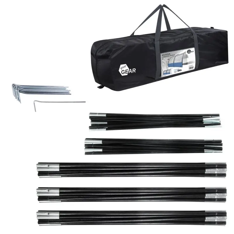your GEAR Riviera 300 Vorzelt Zubehör: schwarze Tragetasche, stabile Zeltstangen und Heringe, geeignet für Wohnwagen und Wohnmobile, ideal als UV 50+ Sonnendach und Wetterschutz, kompakt verstaubar.