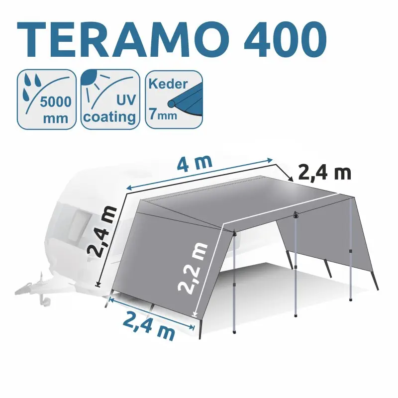 Auvent your GEAR Teramo 400 gris pour caravane, 400x240 cm, avec parois latérales, poteaux télescopiques en aluminium, protection UV 50+, imperméable 5000 mm, keder 7 mm, dimensions indiquées.