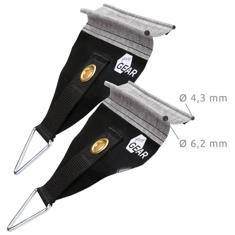 Zwei your GEAR Markisen-Sturmsicherungen aus robustem Material mit Metallöse und Halteclip, geeignet für Markisen mit 4,3 mm und 6,2 mm Kederschiene, ideal zur sicheren Abspannung bei Wind und Sturm.