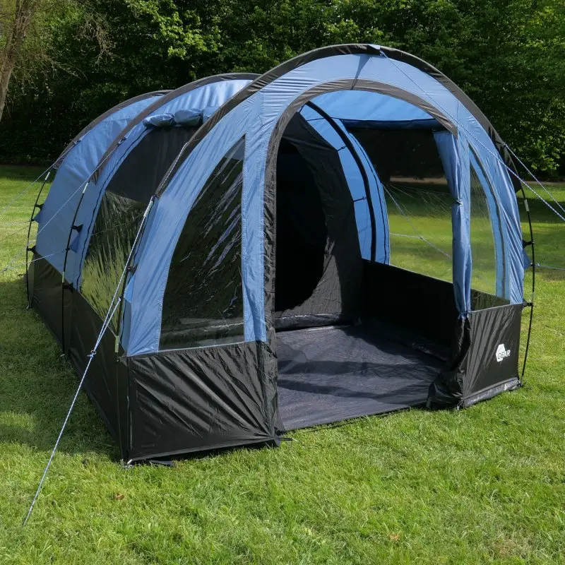 Tente tunnel familiale your GEAR Mistral pour 4 personnes, 410x250x190 cm, avec grande cabine de couchage, fenêtres transparentes, ventilation arrière, protection UV 50+ et imperméabilité 3000 mm, couleur bleu et noir.