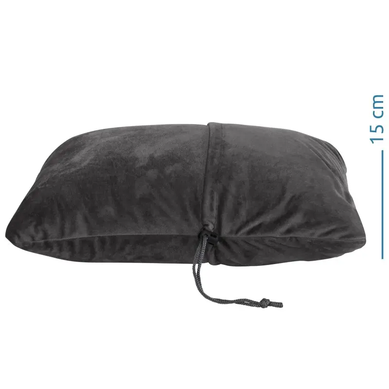 Coussin de voyage your GEAR en mousse mémoire de forme, 40x26x15 cm, housse en velours gris foncé, cordon de serrage visible, design ergonomique pour soutien cervical, idéal pour l’extérieur et le sommeil.