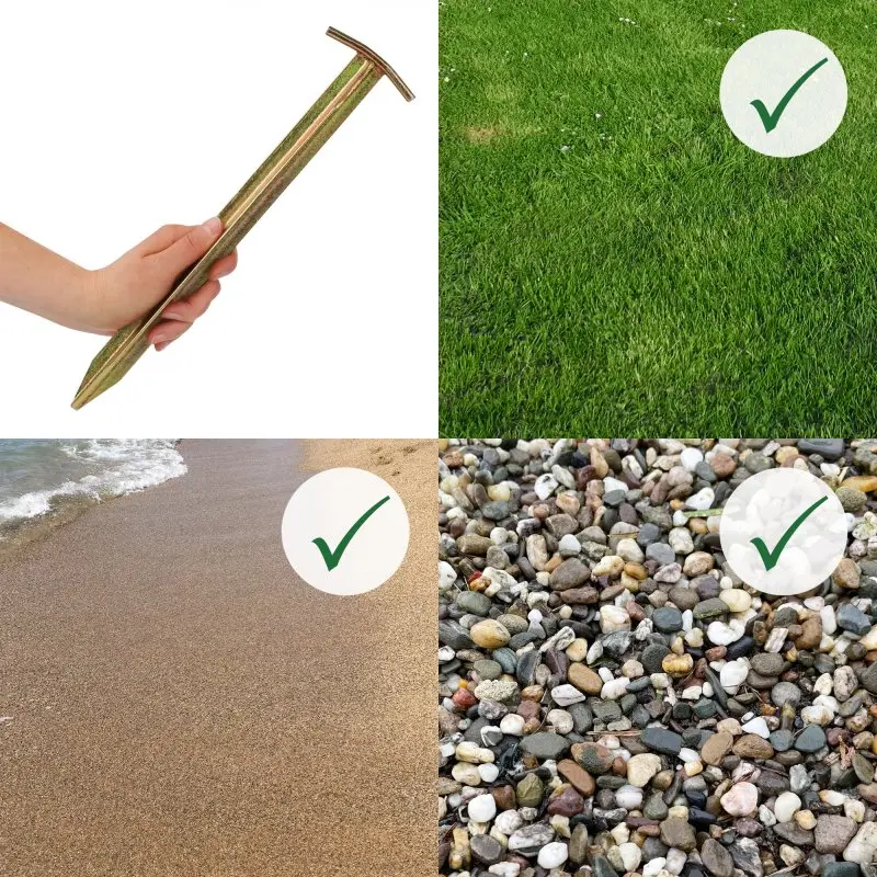 your GEAR T-Profil Zelthering aus Stahl, 300 mm lang, robust, für verschiedene Böden geeignet; im Bild auf Wiese, Sand und Kies mit Haken gezeigt, ideal für Zeltbefestigung bei jedem Untergrund.