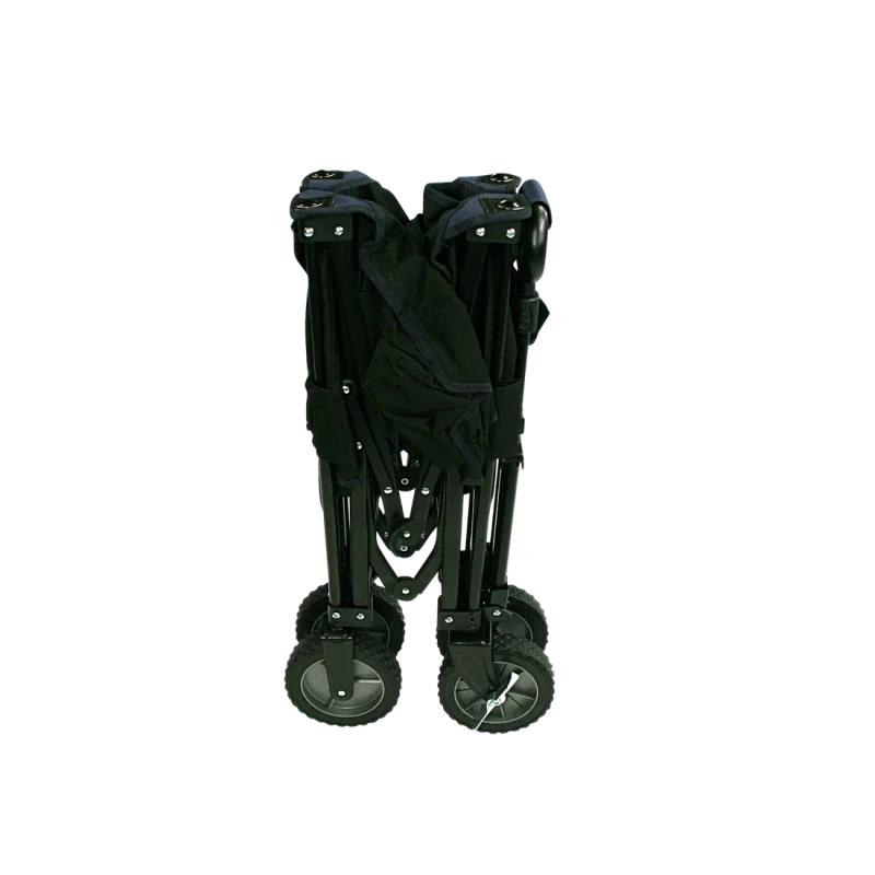 Chariot pliable 10T Foldy Trolley XL noir, compact, avec quatre roues robustes, structure en métal et tissu résistant. Idéal pour la plage, les sorties en famille ou le transport d’objets.