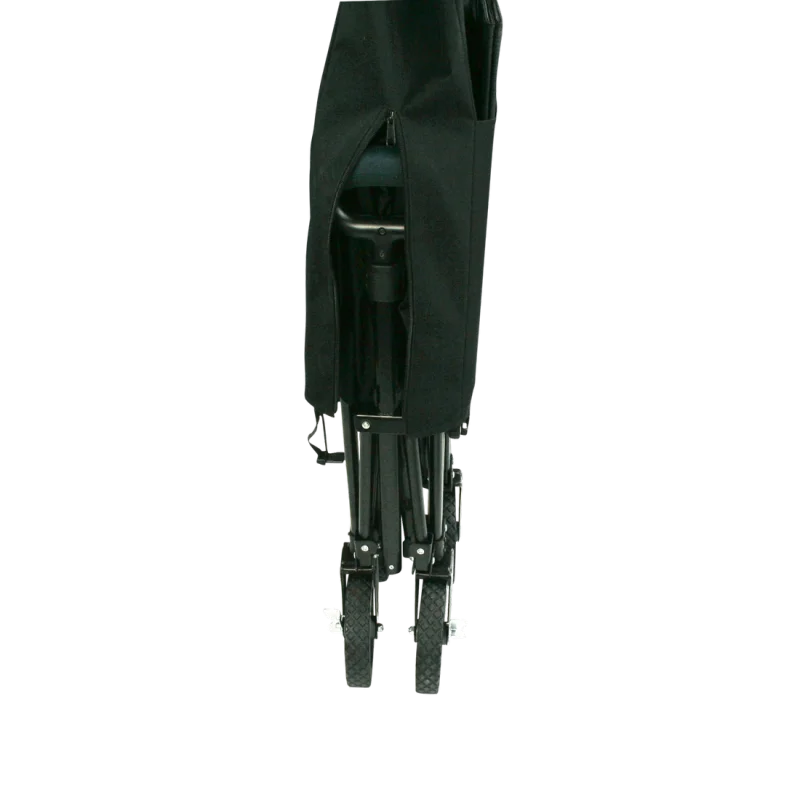 Chariot pliable 10T Foldy Trolley XL noir, compact, avec housse de transport zippée, structure en métal et quatre roues robustes, idéal pour la plage, le parc ou les sorties en famille.