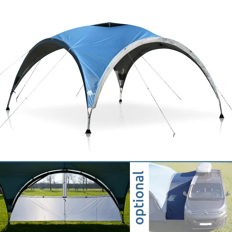 Pavillon your GEAR Bergamo 430 bleu, structure en acier, tissu Oxford 210D, 430x430x230 cm, protection UV 50+, parois latérales et tunnel de connexion pour bus ou camping-car en option, usage extérieur.