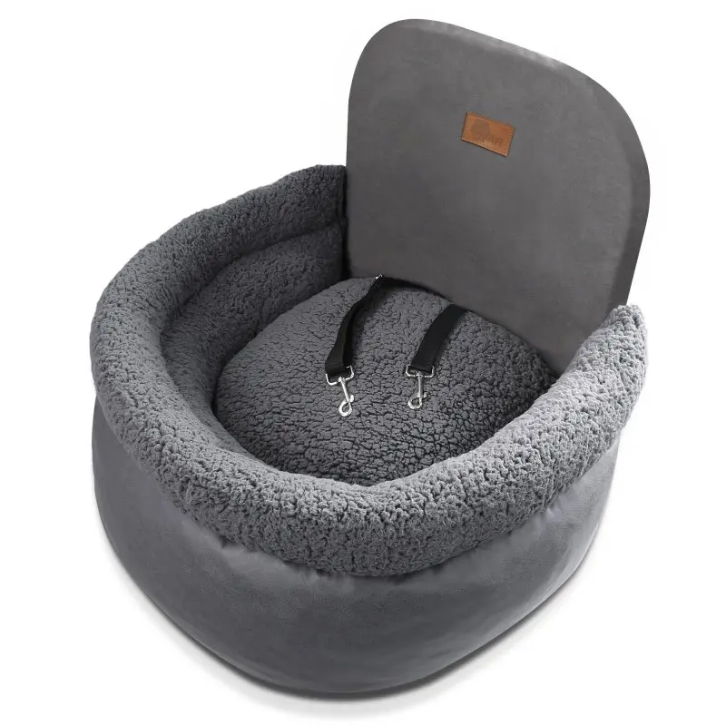your GEAR Frontera dog car seat in grey, with high padded sides, soft removable cushion, two adjustable leash clips, and a backrest, designed for front or rear car seats for pet safety and comfort.