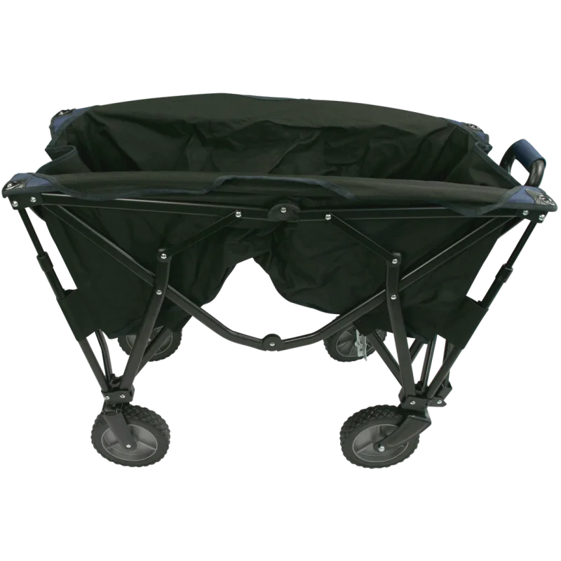 Chariot pliable 10T Foldy Trolley XL noir, structure métallique robuste, roues larges tout-terrain, poignée ergonomique, tissu résistant aux intempéries, idéal pour plage, parc ou sorties en famille.
