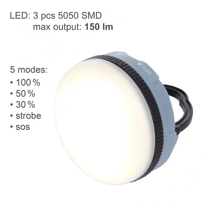 Compact blue 10T MCL 150 camping lamp with 3 LEDs (5050 SMD), 150 lumens, 5 light modes, round ABS housing, visible magnetic base, and carabiner hook for versatile outdoor use.
