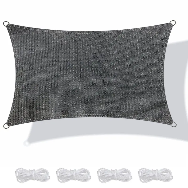 Voile d'ombrage rectangulaire yourGEAR 3 x 5 m en HDPE gris, tissu perméable à l'air et à l'eau, avec œillets métalliques aux coins et quatre cordes blanches pour la fixation, protection UV pour terrasse ou jardin.