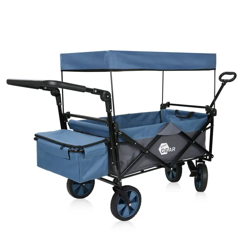 Faltbarer Bollerwagen your GEAR Cirrus XL in Blau mit Dach, Kühltasche, zwei Bremsen, Vollgummireifen und Zuggriff; ideal für Outdoor, Camping und Garten, belastbar bis 80 kg.