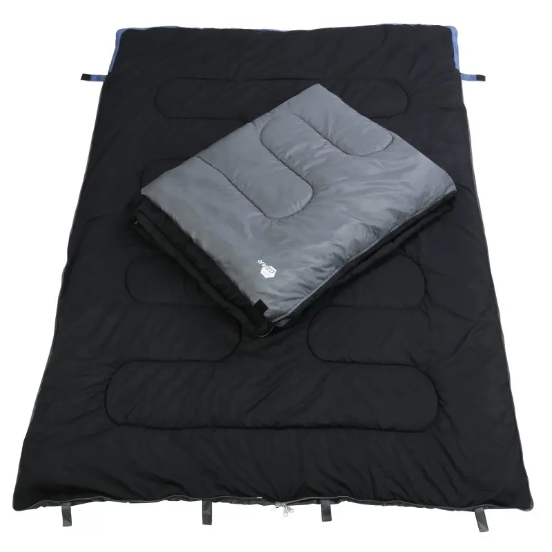 your GEAR 2-person sleeping bag Marin, black with grey inner, XXL size 220x150 cm, rectangular design, thick insulated padding, suitable for 3-4 seasons, visible zippers and loops, ideal for camping.