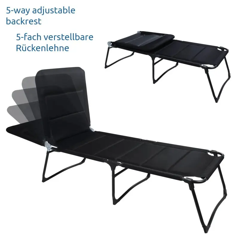 Chaise longue yourGEAR Salina 3D XXL noire avec dossier 5 positions, structure en aluminium, assise large rembourrée en mesh 3D respirant et séchage rapide, adaptée au jardin, camping ou terrasse.