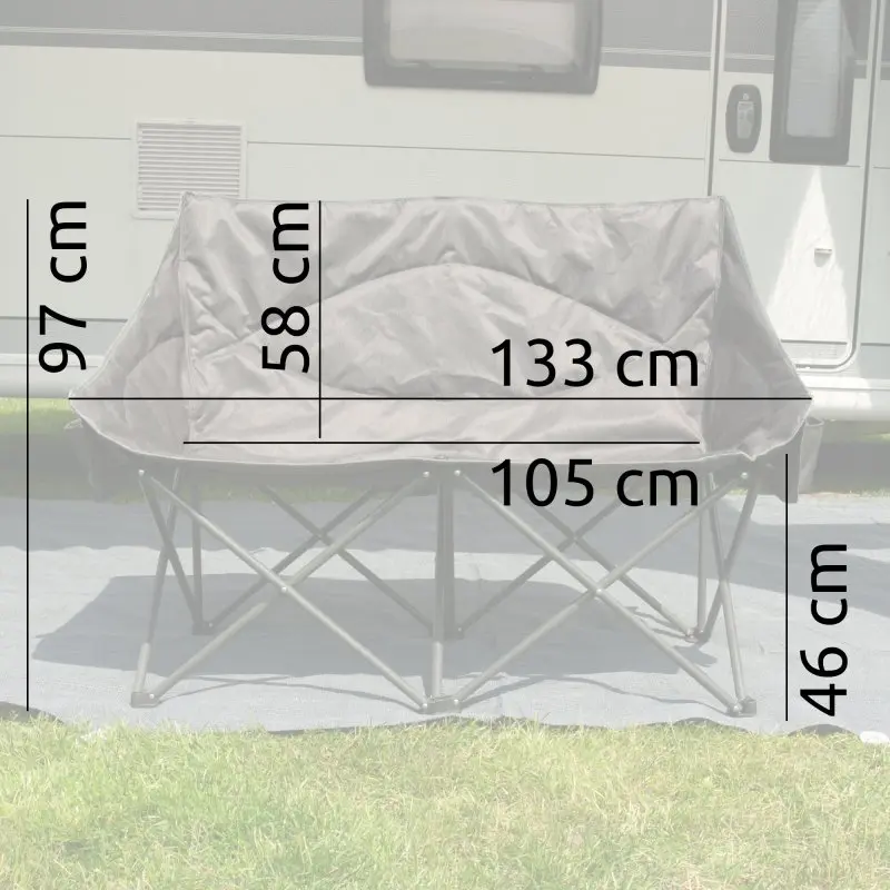 Divano da campeggio your GEAR Modena XXL per 2 persone, pieghevole, imbottito, struttura in acciaio, tessuto Oxford grigio, misure 133x105x97 cm, carico massimo 320 kg, ideale per outdoor.