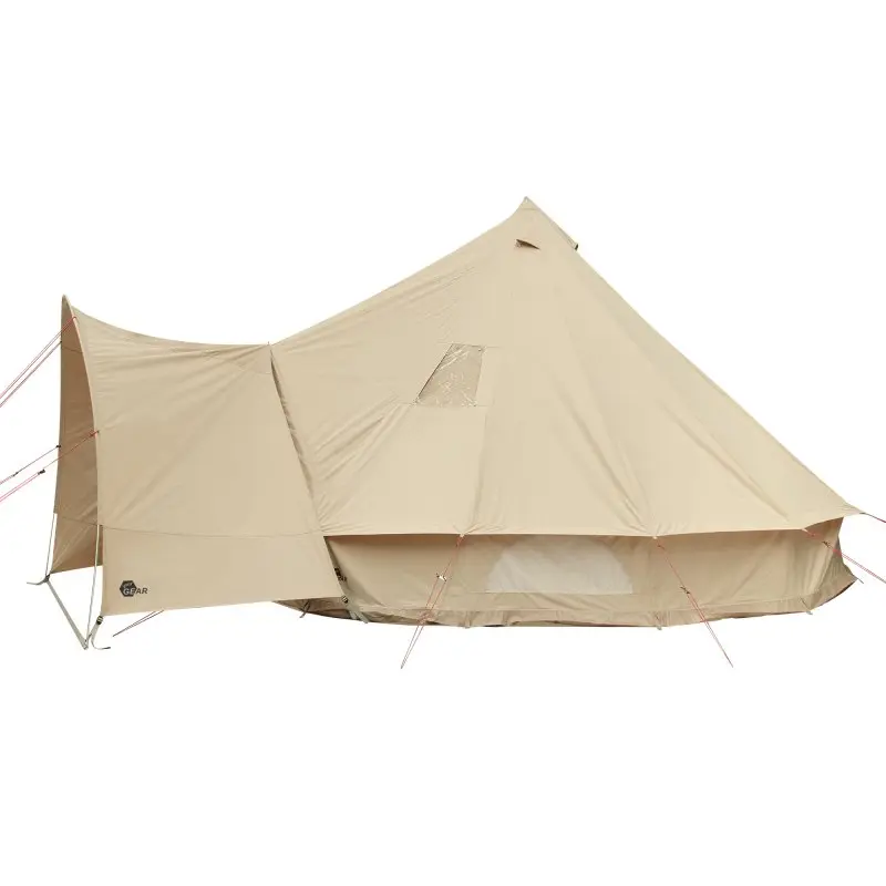 Zelt your GEAR Desert 8 Pro UV50+ aus beigem Baumwoll-Mischgewebe, Tipi-Form, großes Vordach, Fenster mit Insektenschutz, robuste Abspannseile, geräumig für 4–8 Personen, ideal als Familienzelt beim Camping.
