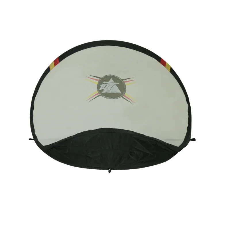 Pop-up soccer goal 120x90cm by 10T, portable and self-erecting, with black frame, Germany-themed stripes, and central 10T logo. Ideal for garden, park, or travel use.