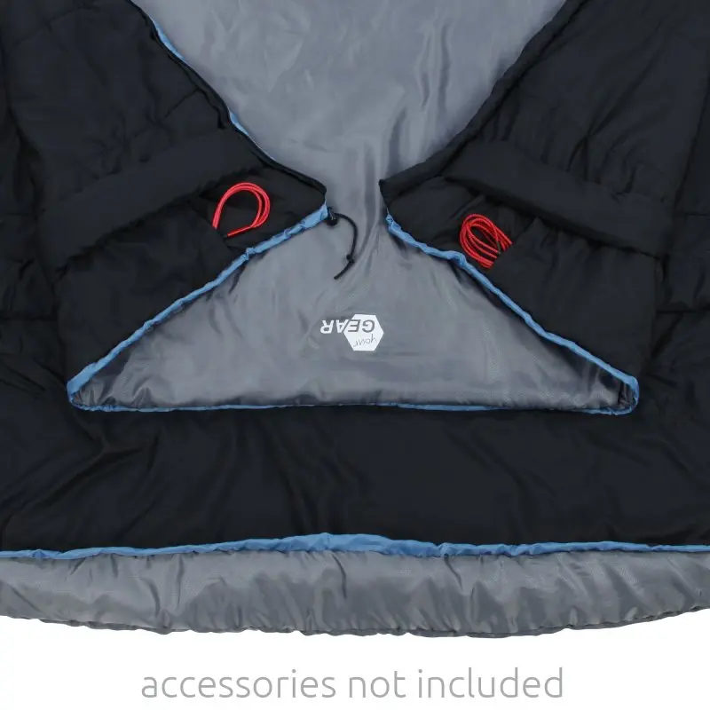 Sac de couchage double yourGEAR Ostria Duo bleu et gris, format rectangulaire 230x160 cm, intérieur gris clair, coutures visibles, logo yourGEAR, conçu pour 2 personnes, adapté à -3°C.
