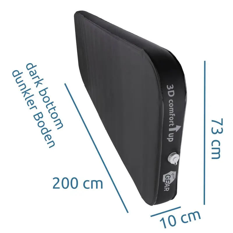 Selbstaufblasende your GEAR ISO 3D Isomatte, 200x73x10 cm, schwarz, rechteckig mit 3D-Kanten, Ventil an der Seite, Beschriftung „3D comfort UP“, Maße und dunkler Boden hervorgehoben.