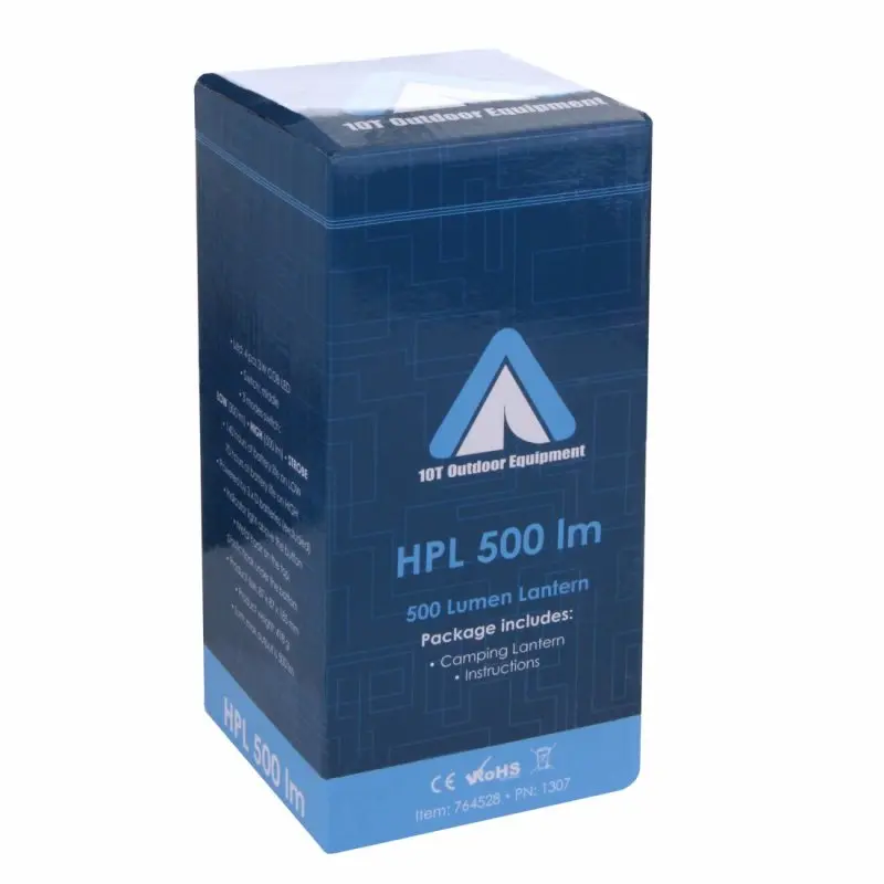 Blue packaging of the 10T HPL 500 camping lantern, featuring 500 lumens, 4 COB LEDs, 12W power, and 360° illumination; product and brand details are clearly visible on the box.