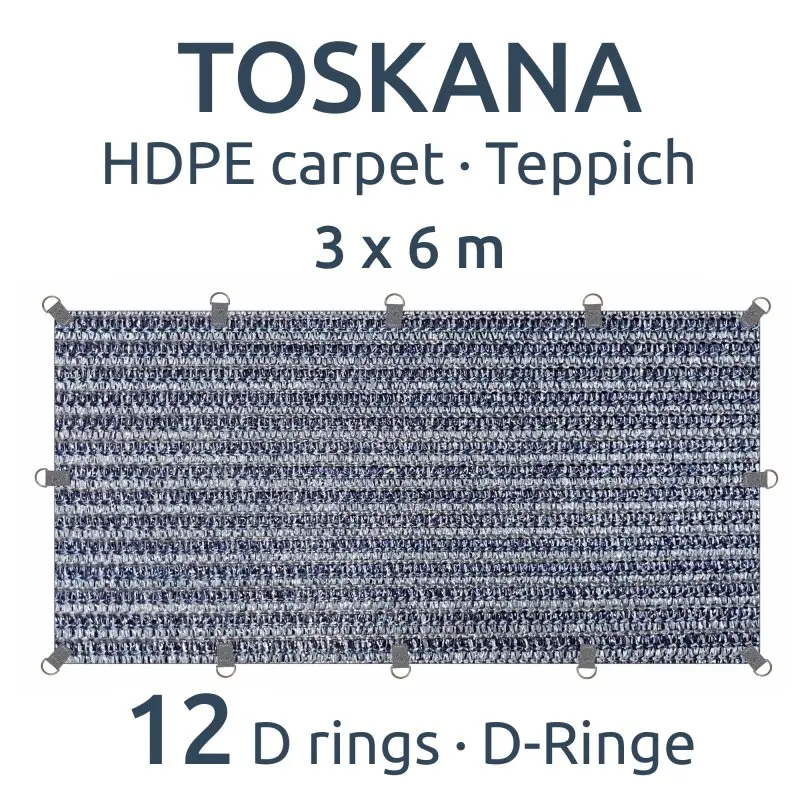 Tappeto da campeggio your GEAR Toskana 300 x 600 cm in HDPE, colore grigio-blu, con 12 anelli a D per il fissaggio, resistente e traspirante, ideale per tende e verande outdoor.