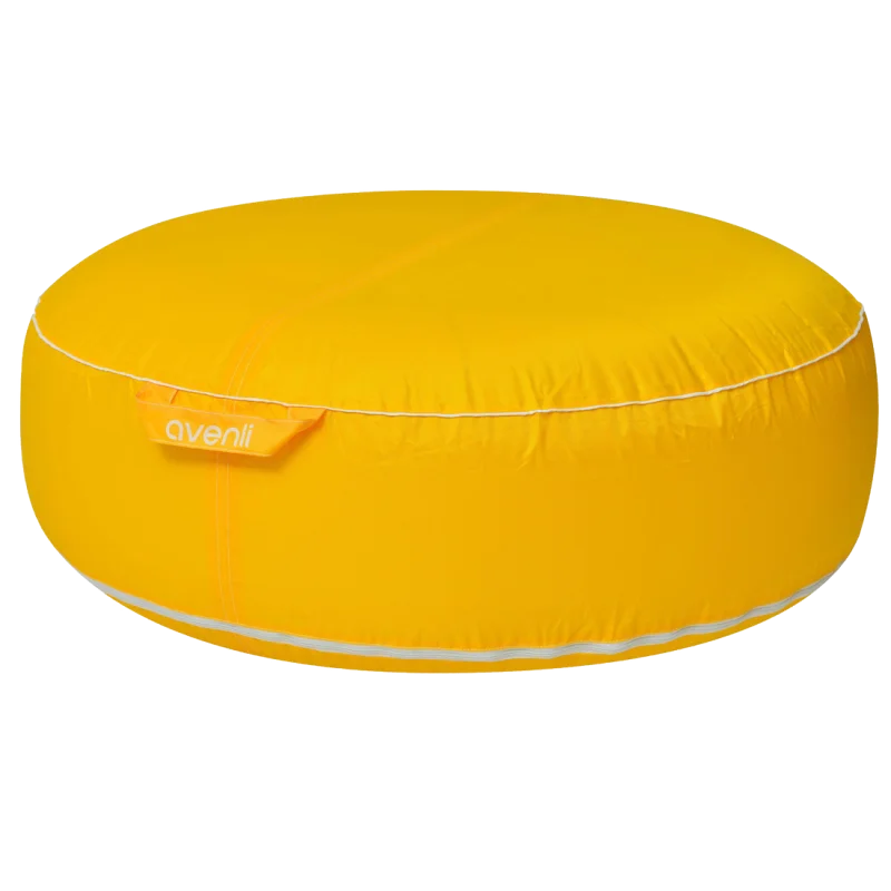 Yellow inflatable Avenli Pouf seat cushion, round shape, 98x38 cm, with white piping and a fabric handle showing the brand name, suitable for outdoor and indoor use.