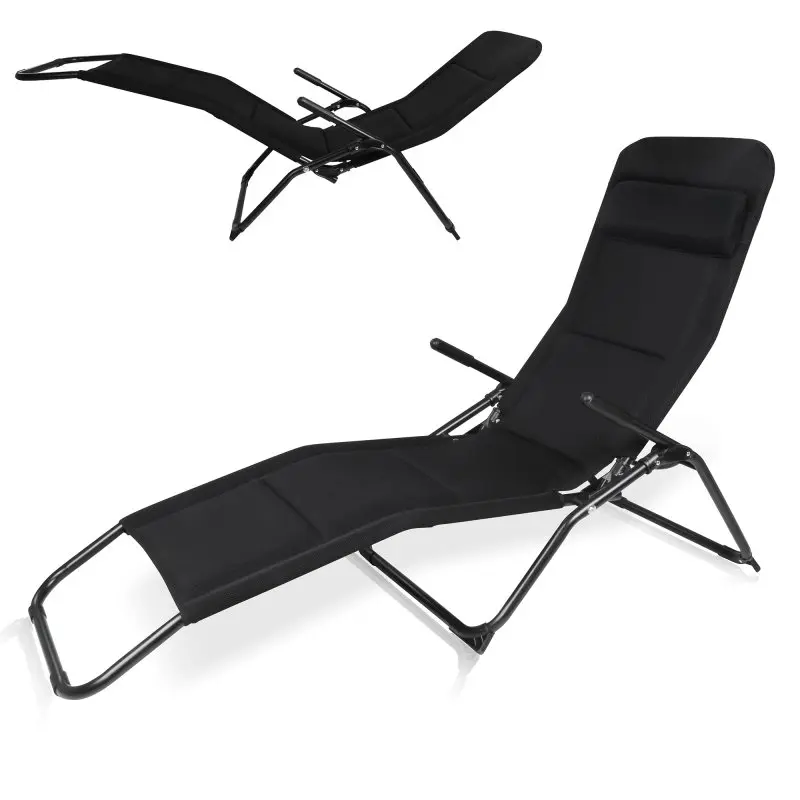 Lettino 3D Gartenliege von yourGEAR, klappbare Sonnenliege mit schwarzem 3D Mesh-Bezug, Aluminiumrahmen, Kopfkissen und Armlehnen, robust und wetterfest, ideal für Garten oder Sauna, bis 120 kg belastbar.