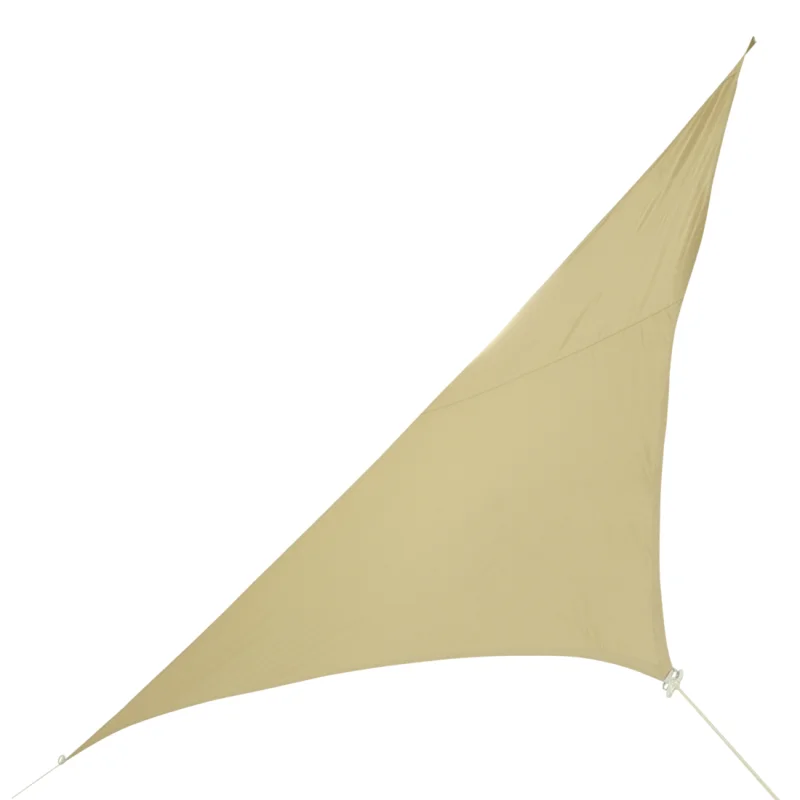 Tarp triangulaire beige 10T Wilson, 3,6 m par côté, toile imperméable et résistante aux UV 80+, avec œillets de fixation et cordes, idéal pour terrasse, jardin, camping ou balcon.