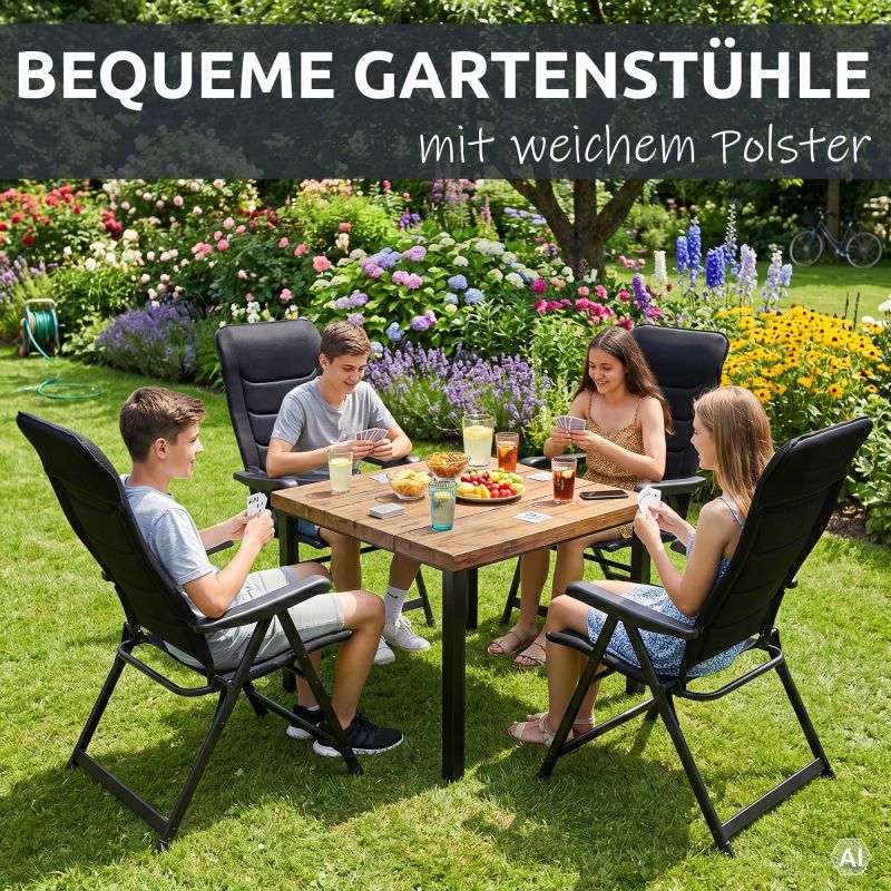 Set di sedie da giardino pieghevoli your GEAR Sovana 3D XXL con schienale alto, telaio in alluminio nero, rivestimento 3D mesh nero, braccioli e funzione 6 posizioni, adatte fino a 180 kg.