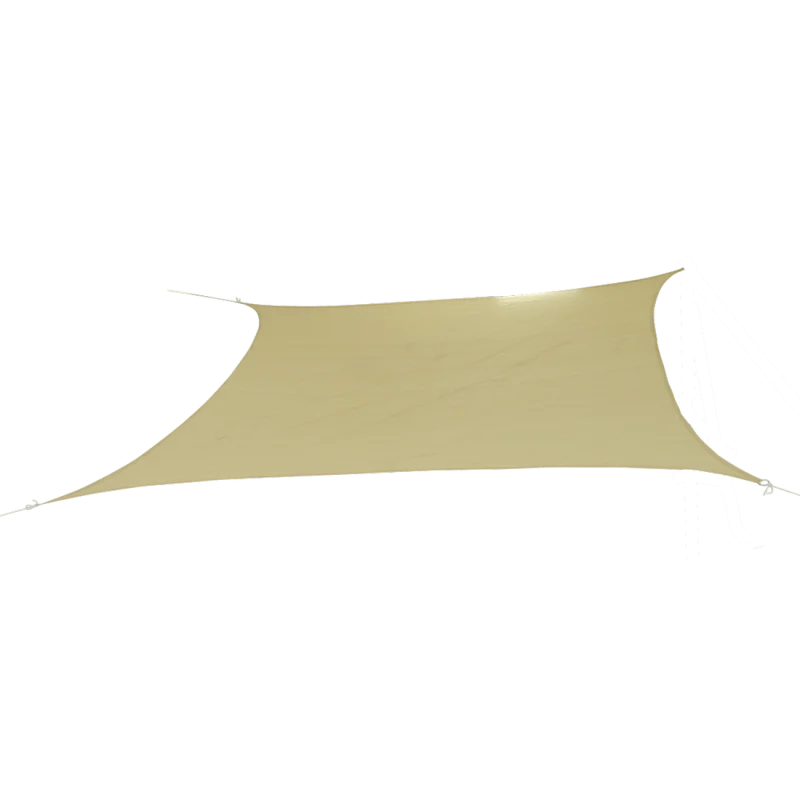 Square 5x5 m beige sun sail 10T Patterson, weather-resistant and breathable, provides 90% UV protection, shown with tensioning ropes for garden, terrace, balcony or camping use.