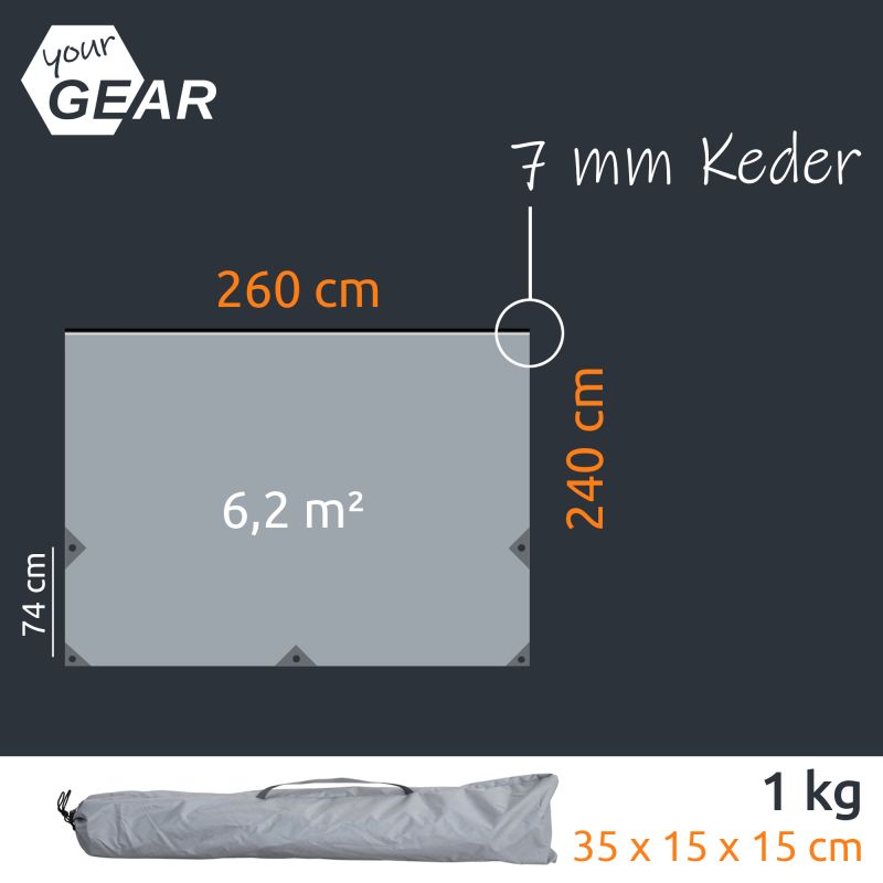 Lona para toldo your GEAR Cavoli 260×240 cm en gris, 6,2 m², costuras reforzadas y ojales triangulares, faldón con keder 7 mm, resistente UV50+ y 5000 mm, paquete compacto en funda de transporte.