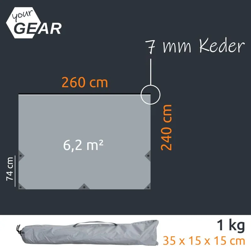 Tarp solaire gris your GEAR 260x240 cm pour van, tissu UV50+ 5000 mm, œillets d’angle renforcés, bande Keder 7 mm visible, surface 6,2 m², livré plié dans housse compacte (1 kg) — visuel dimensions et logo.