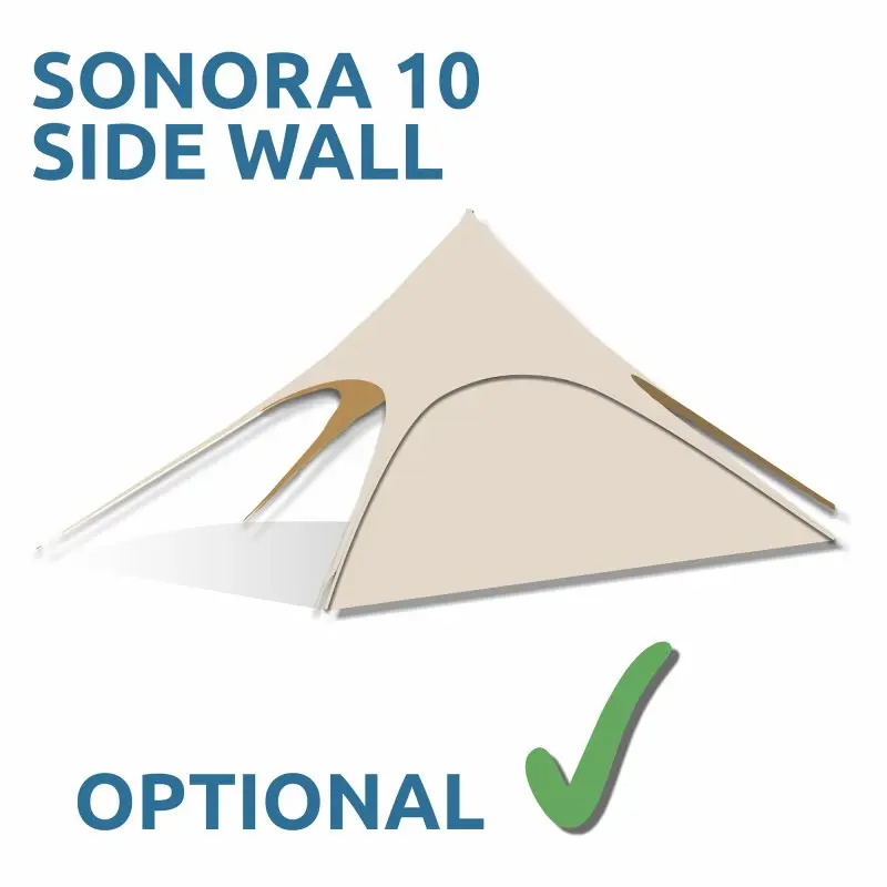 Tente étoile your GEAR Sonora 10 m, forme pyramidale, tissu beige en coton mélangé, grande surface ombragée, murs latéraux optionnels, idéale pour protection solaire et événements extérieurs.
