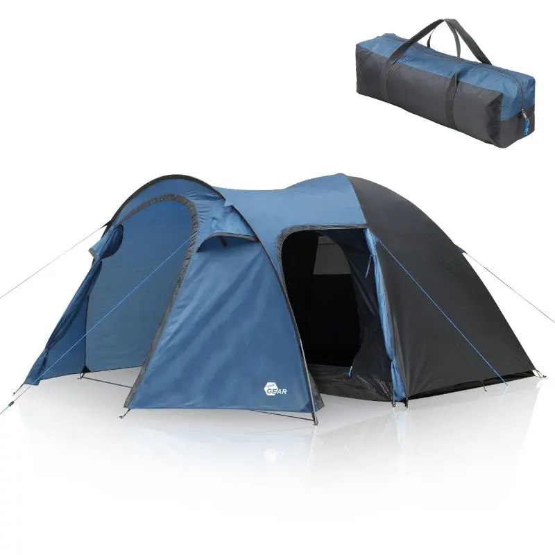 Tienda de campaña your GEAR Cetona para 5 personas, tipo cúpula, color azul y gris, con gran vestíbulo, entrada lateral y altura de pie. Incluye bolsa de transporte compacta en la esquina superior derecha.