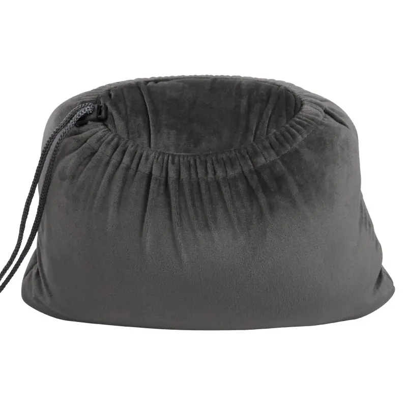 Coussin de voyage your GEAR en mousse à mémoire de forme, format 40x26x15 cm, housse en velours gris amovible, cordon de serrage visible, design ergonomique et compact pour le soutien cervical.