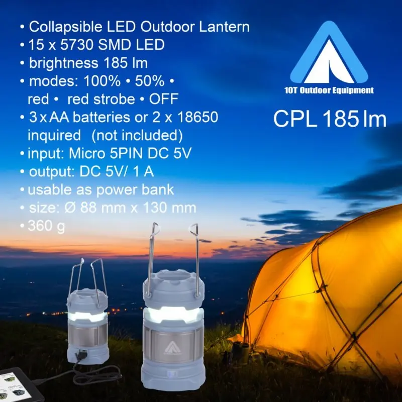 Blue 10T CPL 185 collapsible LED camping lantern with 15 LEDs, 185 lumens, 360° light, power bank function, USB port, and metal handles. Shown outdoors near a tent at sunset.