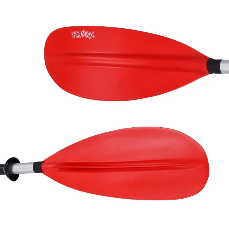 Two red kayak paddle blades with silver shafts, shown from different angles on a white background.