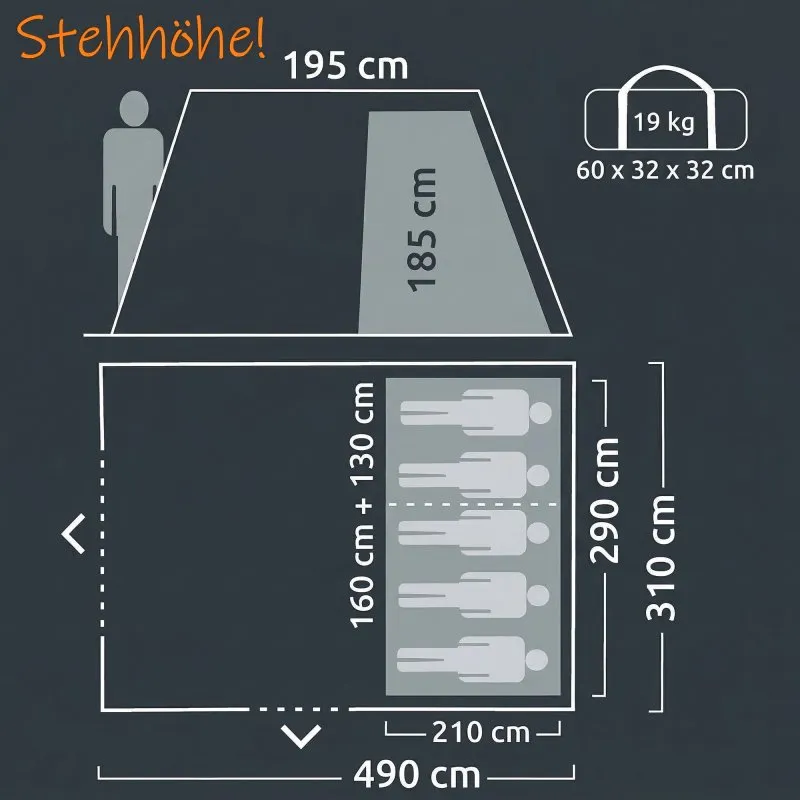 Croquis du tente familial your GEAR Bora 5 gris, tunnel 490×310 cm, zone couchage 210×290 cm pour 5 personnes, hauteur debout 195 cm, tapis de sol, sac 60×32×32 cm, poids 19 kg, imperméabilité 5000 mm.