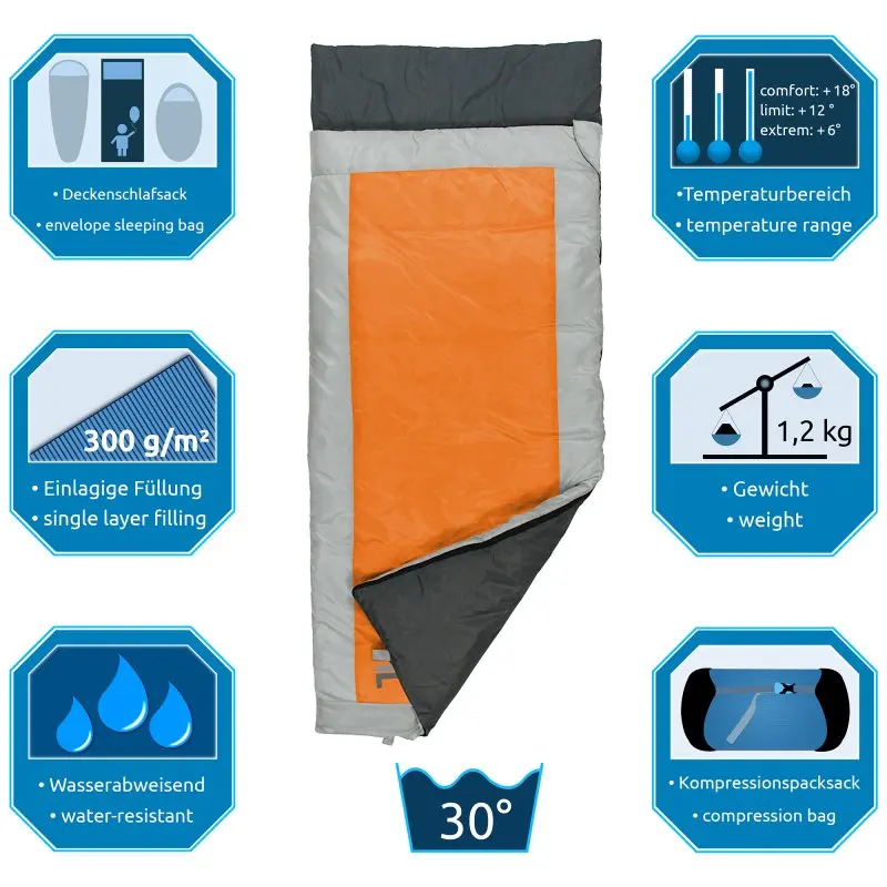 Fridani Kinderschlafsack QO 170 x 70cm Deckenschlafsack +6 °C Orange warm wasserabweisend waschbar