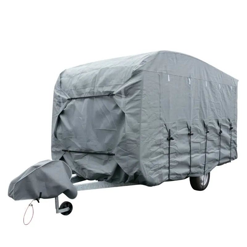 Funda gris your GEAR Naro M de 4 capas para caravana Hobby beachy 360, cubriendo completamente el remolque y el timón, con cierres ajustables, protección premium contra el clima.