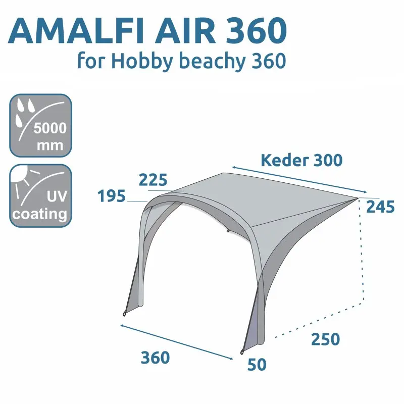 Auvent your GEAR Amalfi Air 360 pour caravane Hobby beachy 360, dimensions 360x250 cm, étanche 5000 mm, protection UV, design gonflable sur mesure avec keder 300 cm, idéal pour camping et plage.