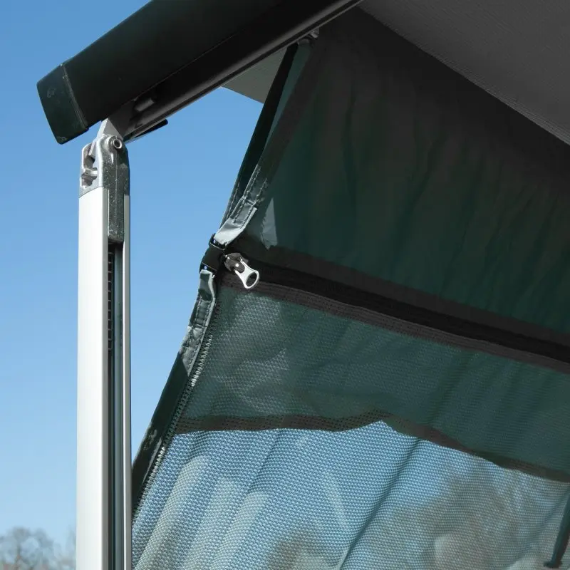 Side wall for awning, your GEAR Sun + Rain Blocker, double-layered with mesh sun protection and opaque rain cover, attached to the awning arm, suitable for 2m extension, shown in outdoor use.