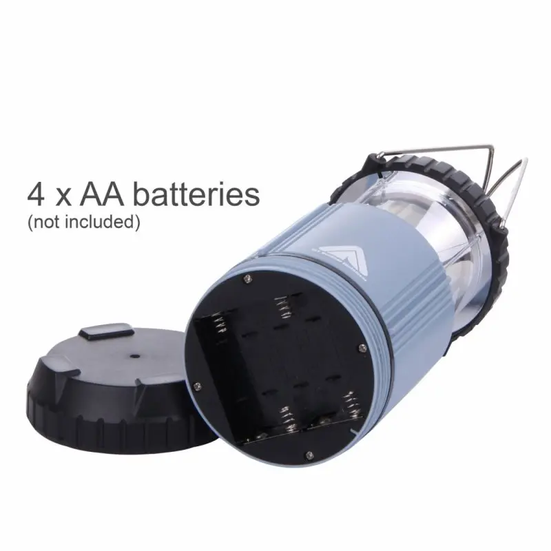 Blue 10T COL 300 camping lantern with COB LED, 300 lumens, open battery compartment for 4 AA batteries (not included), removable base, metal handles, and robust ABS housing, ideal for outdoor use.