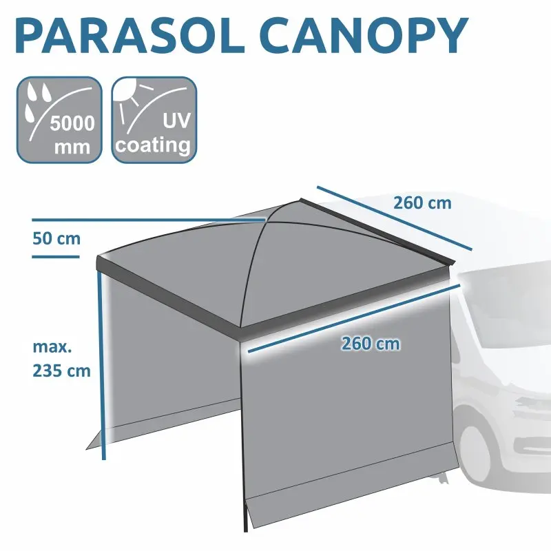 Auvent your GEAR Parasol pour van, dimensions 260 x 260 cm, hauteur max 235 cm, deux parois latérales, étanche 5000 mm, protection UV, structure en fibre de verre et aluminium, illustré devant un camping-car.