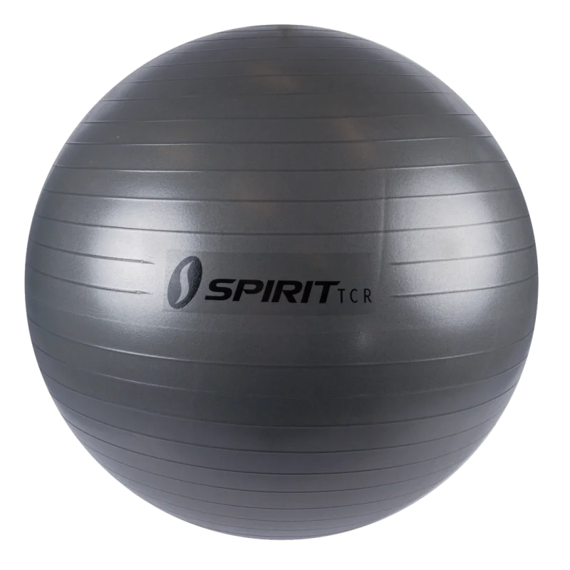 Silver Spirit TCR gym ball, 75 cm diameter, with anti-burst textured surface and black logo, suitable as a fitness ball, yoga ball, or office chair. Durable material for versatile workouts.