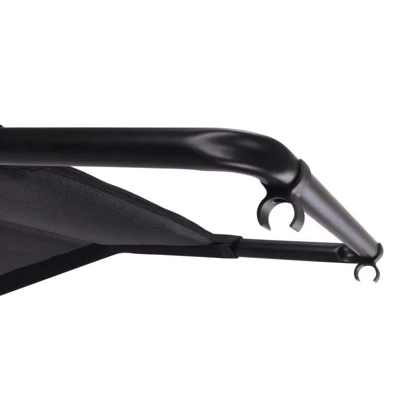 Black yourGEAR Sovana 3D footrest for camping chairs, featuring a sturdy aluminum frame, durable 3D mesh fabric, and easy-attach clips for secure connection to a high-back garden or camping chair.