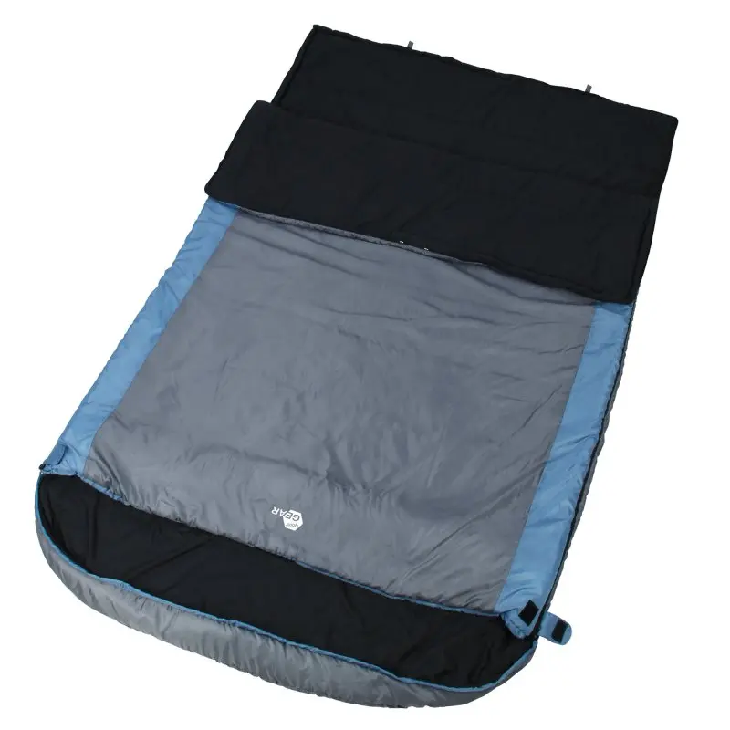 Sac de couchage double yourGEAR Ostria Duo -3°C, 230x160 cm, bleu et gris, pour 2 personnes, forme rectangulaire, intérieur noir, coutures visibles, idéal pour l'été et les bivouacs à deux.