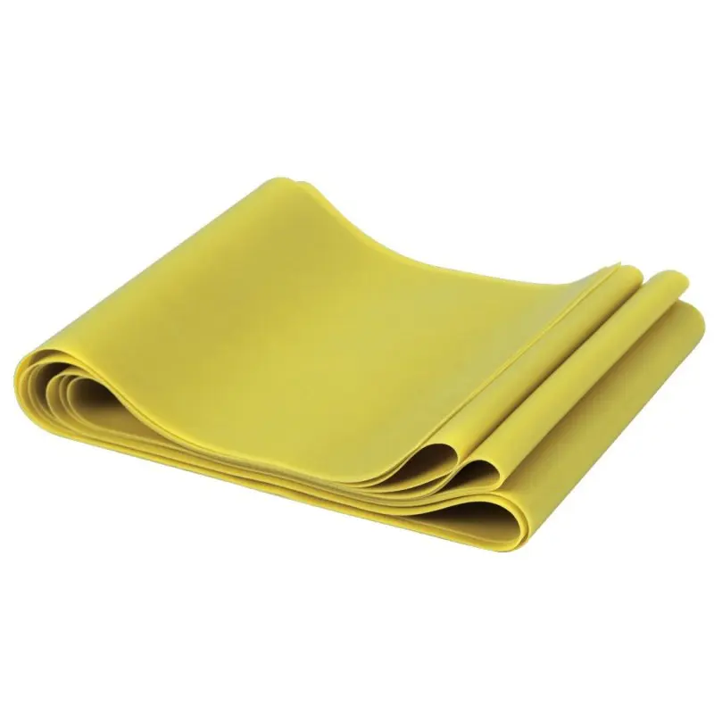 Yellow Spirit Fitness Band, latex-free, 183x10 cm, 9 kg resistance; versatile exercise expander for strength training, stretching, and rehabilitation. Shown folded, smooth surface, durable fitness accessory.