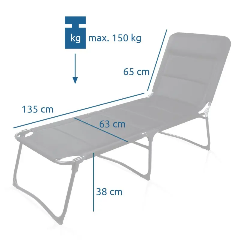 Chaise longue yourGEAR Salina 3D XXL avec revêtement en maille 3D, matelassée, cadre en aluminium, dimensions 135x63x65 cm, hauteur 38 cm, charge maximale 150 kg, idéale pour jardin ou camping.